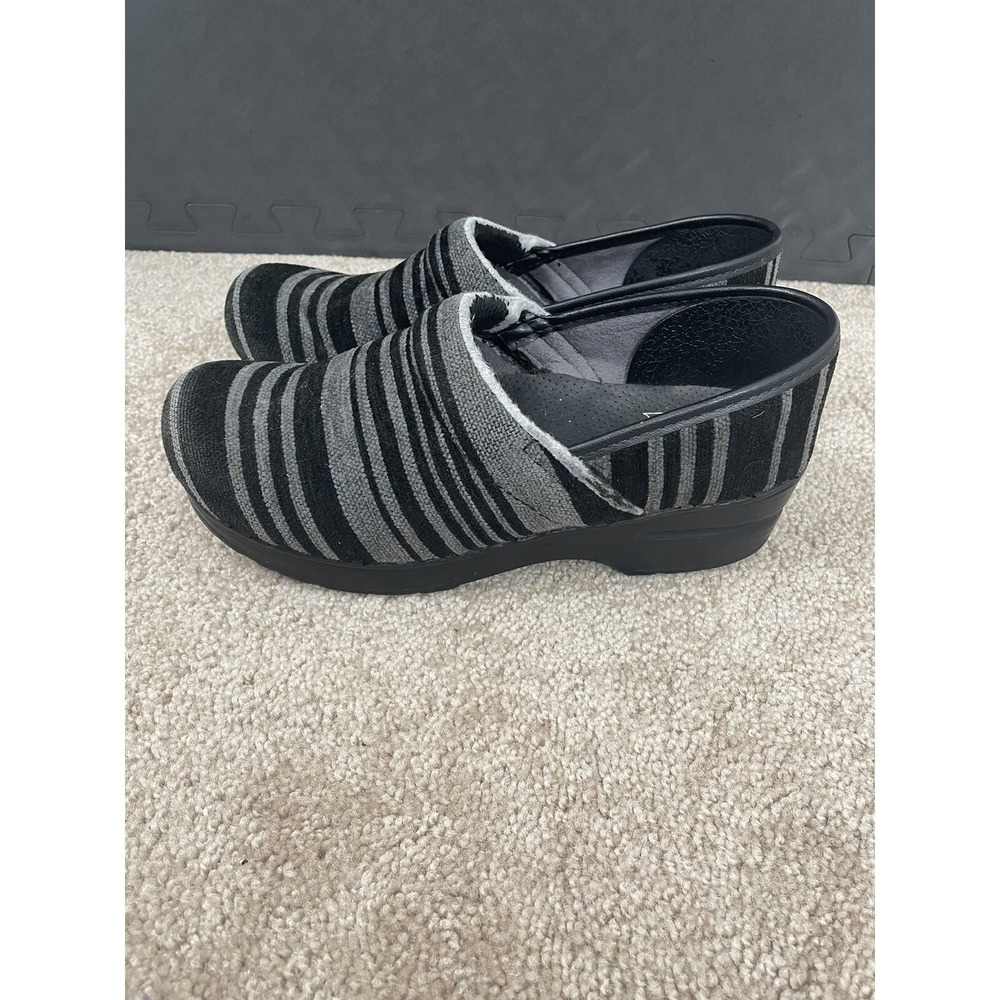 Dansko Shoes Womens 38 Striped Slip On Comfort Wedge Clogs Black Gray Fabric